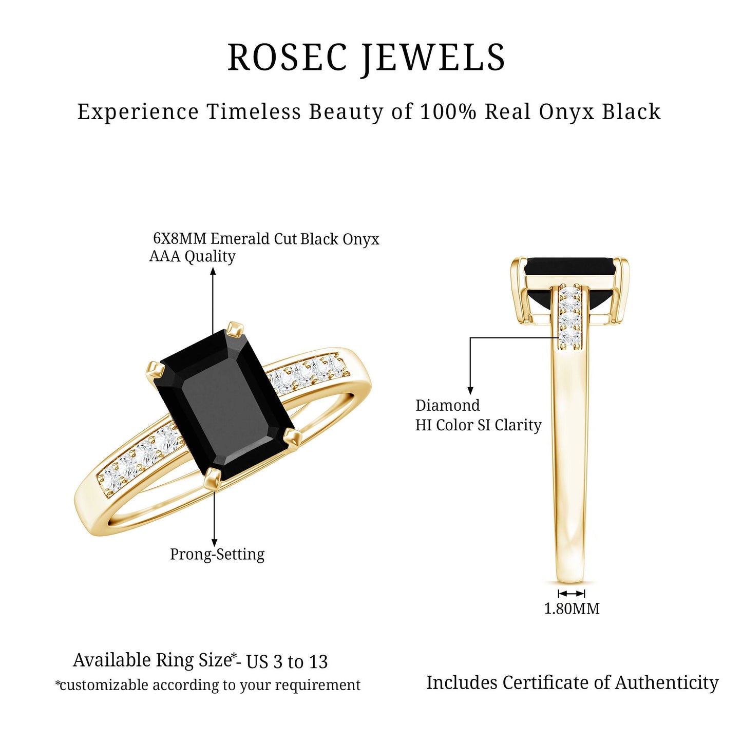 6X8mm Emerald Cut Black Onyx Engagement Ring with Diamond