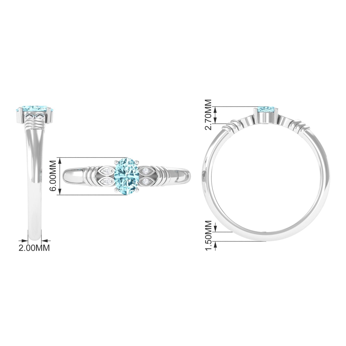 Natural 6X8mm Aquamarine Oval Engagement Ring with Diamond