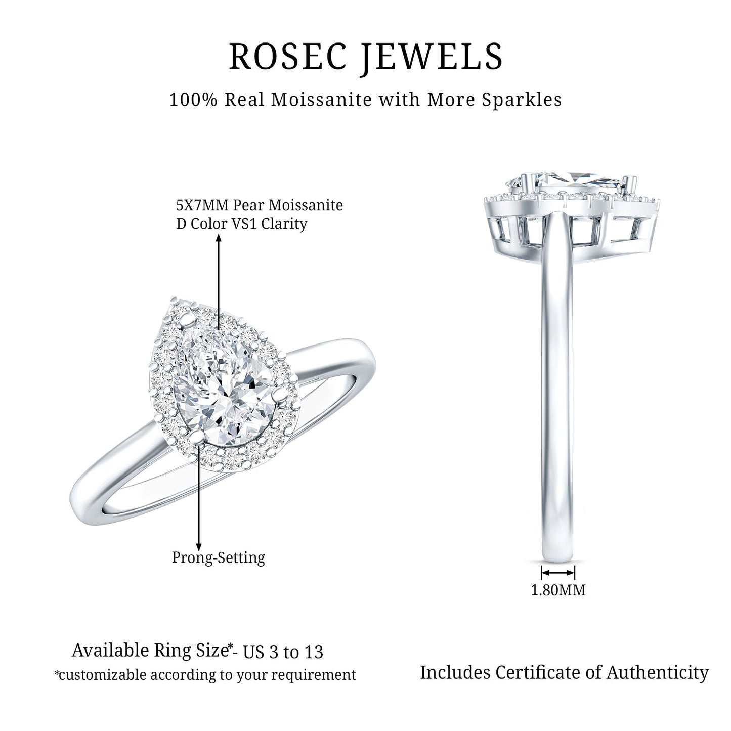 1 CT Brilliant Cut Moissanite Teardrop Engagement Ring