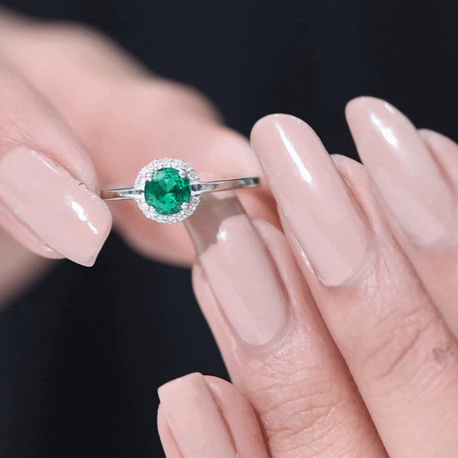 Certified 6 mm Lab Grown Emerald Promise Ring with Diamond Halo
