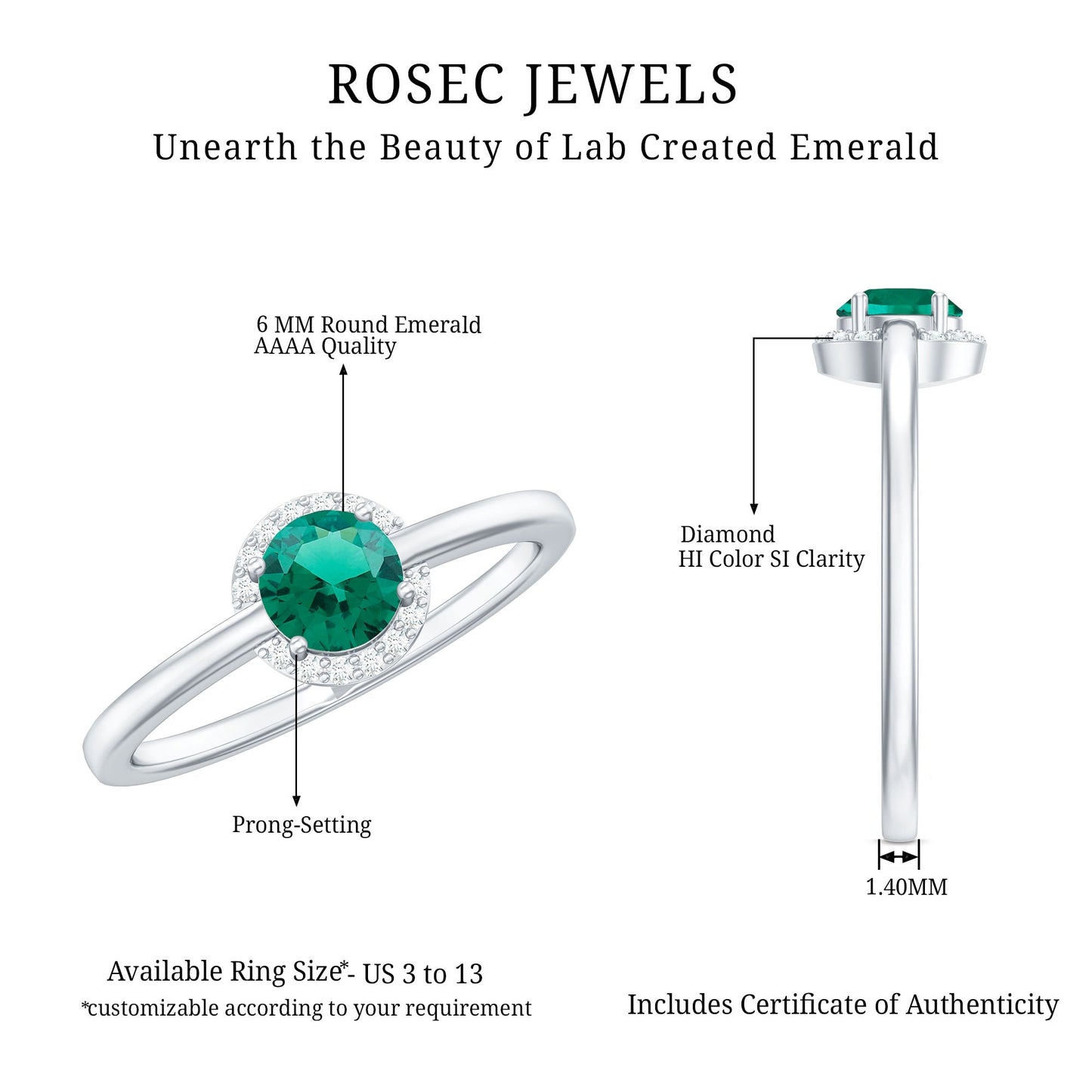 Certified 6 mm Lab Grown Emerald Promise Ring with Diamond Halo