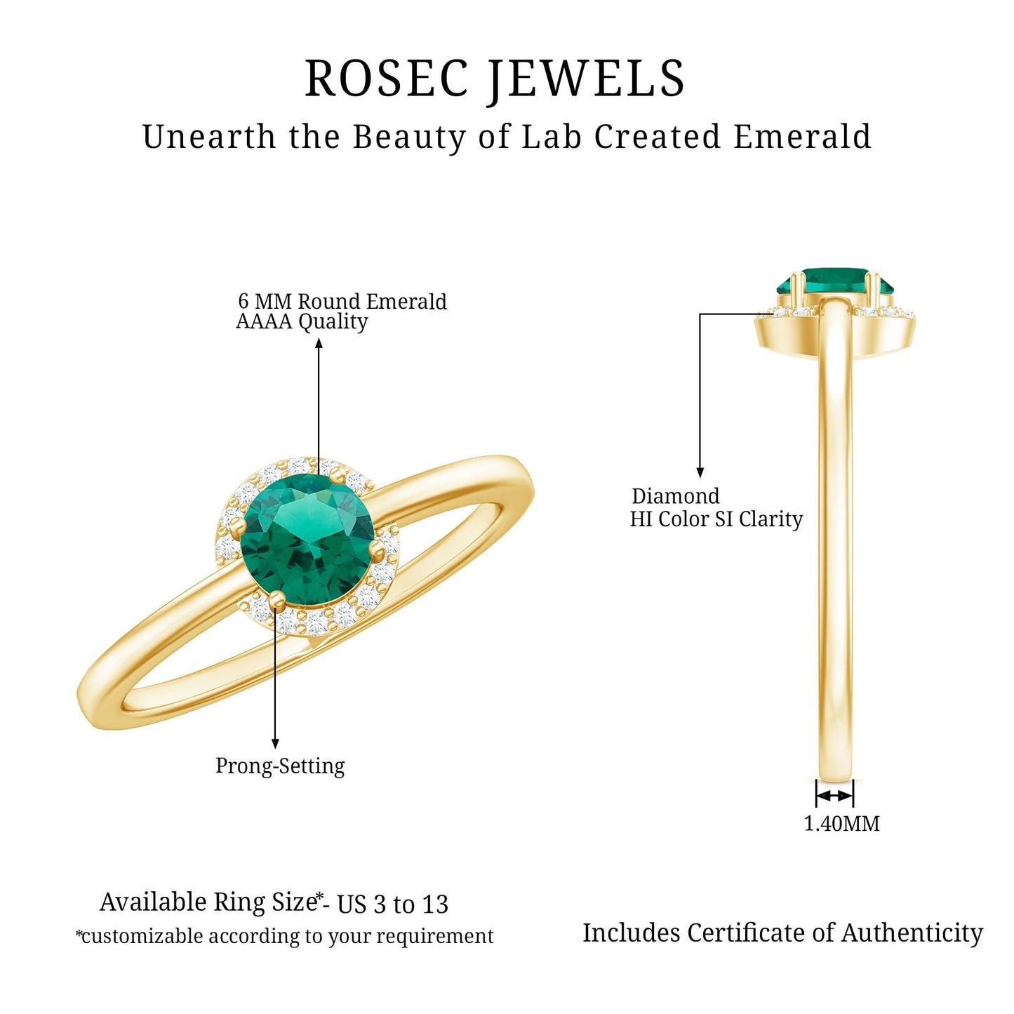 Certified 6 mm Lab Grown Emerald Promise Ring with Diamond Halo