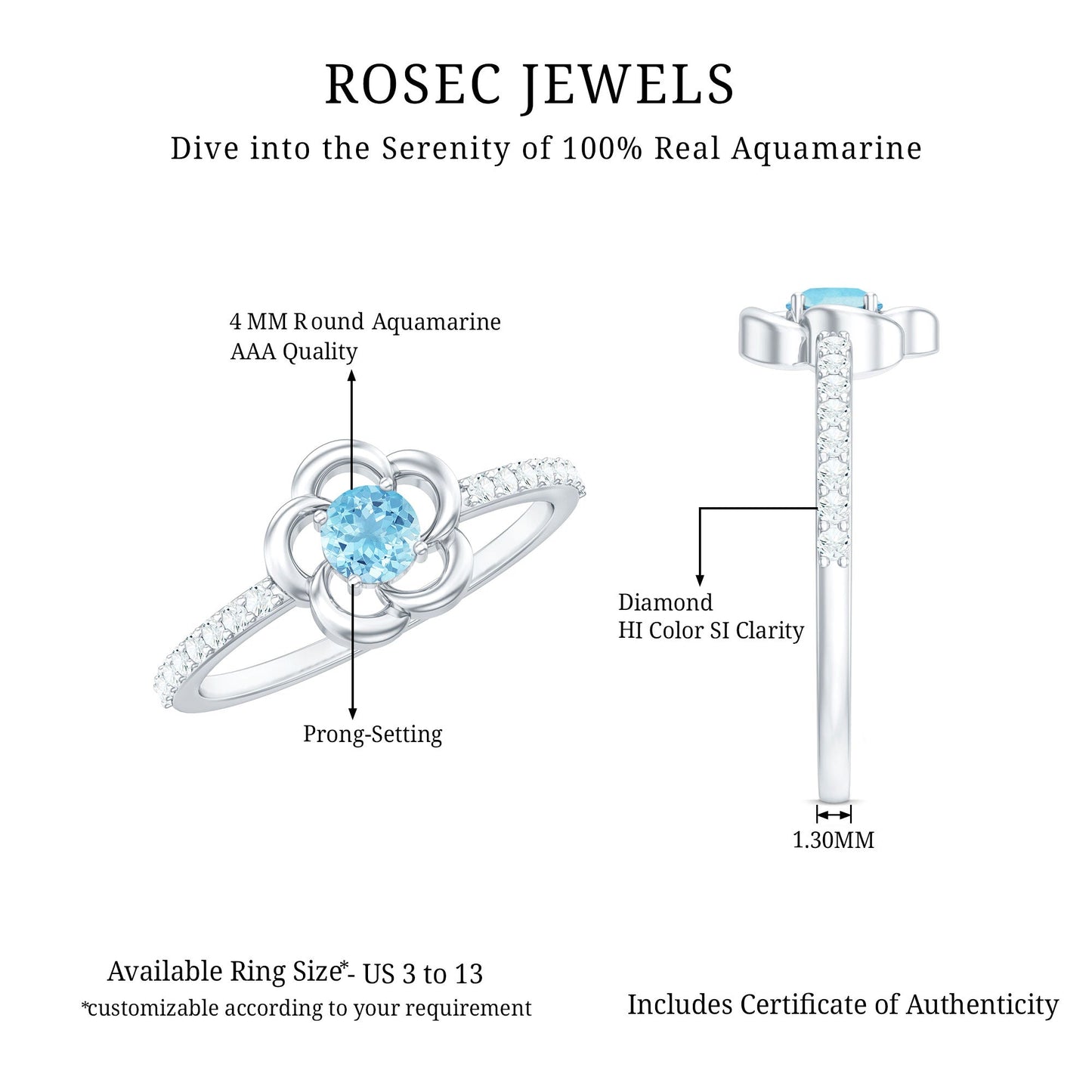 Natural Aquamarine Diamond Flower Promise Ring with Certificate