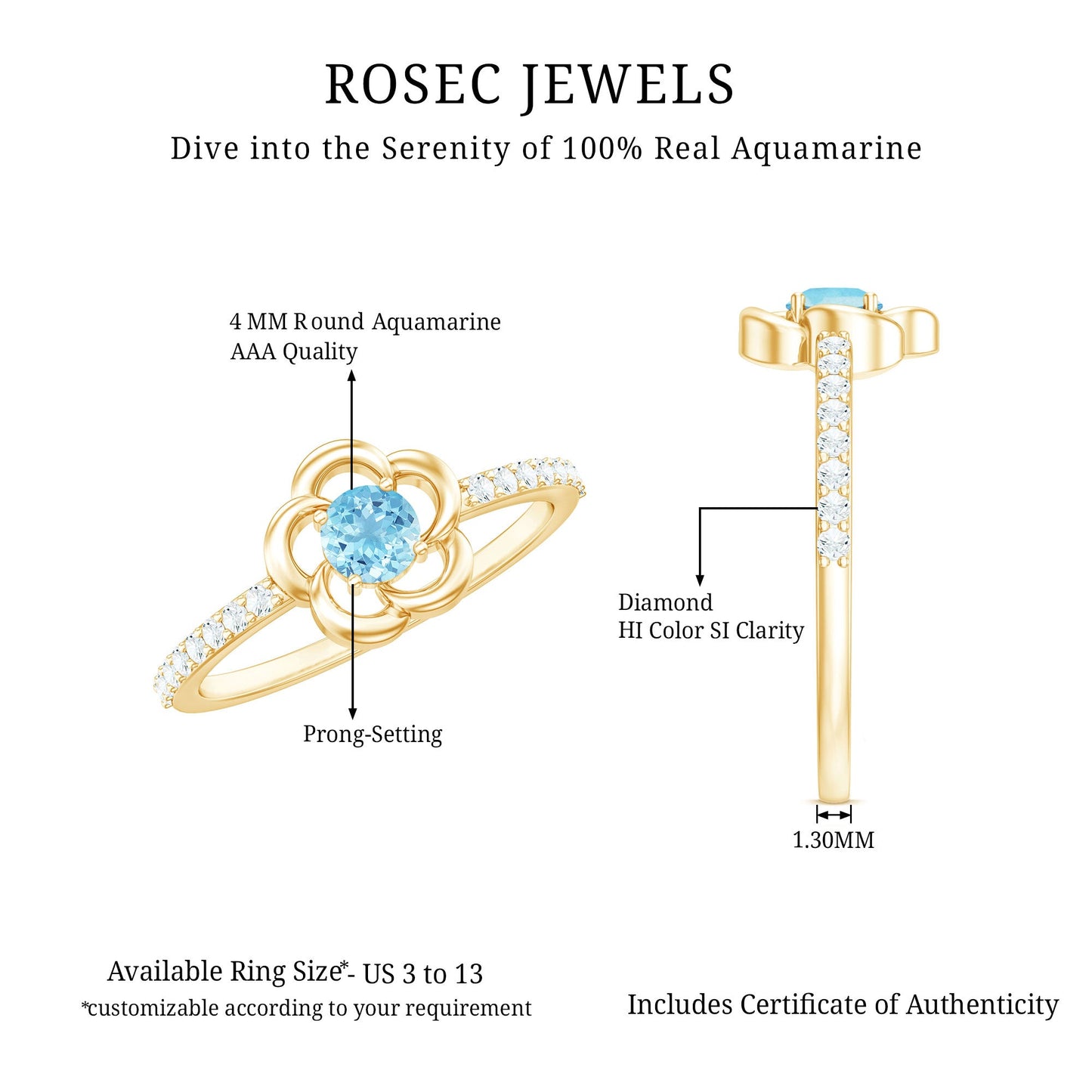 Natural Aquamarine Diamond Flower Promise Ring with Certificate