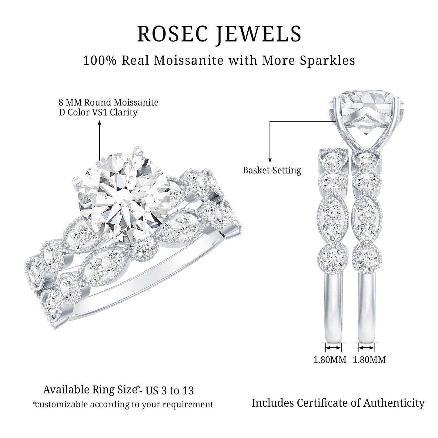 2.50 CT Brilliant Cut Moissanite Bridal Ring Set