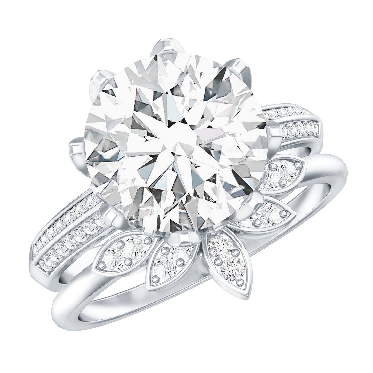 10MM Round Moissanite Flower Engagement Ring With Enhancer