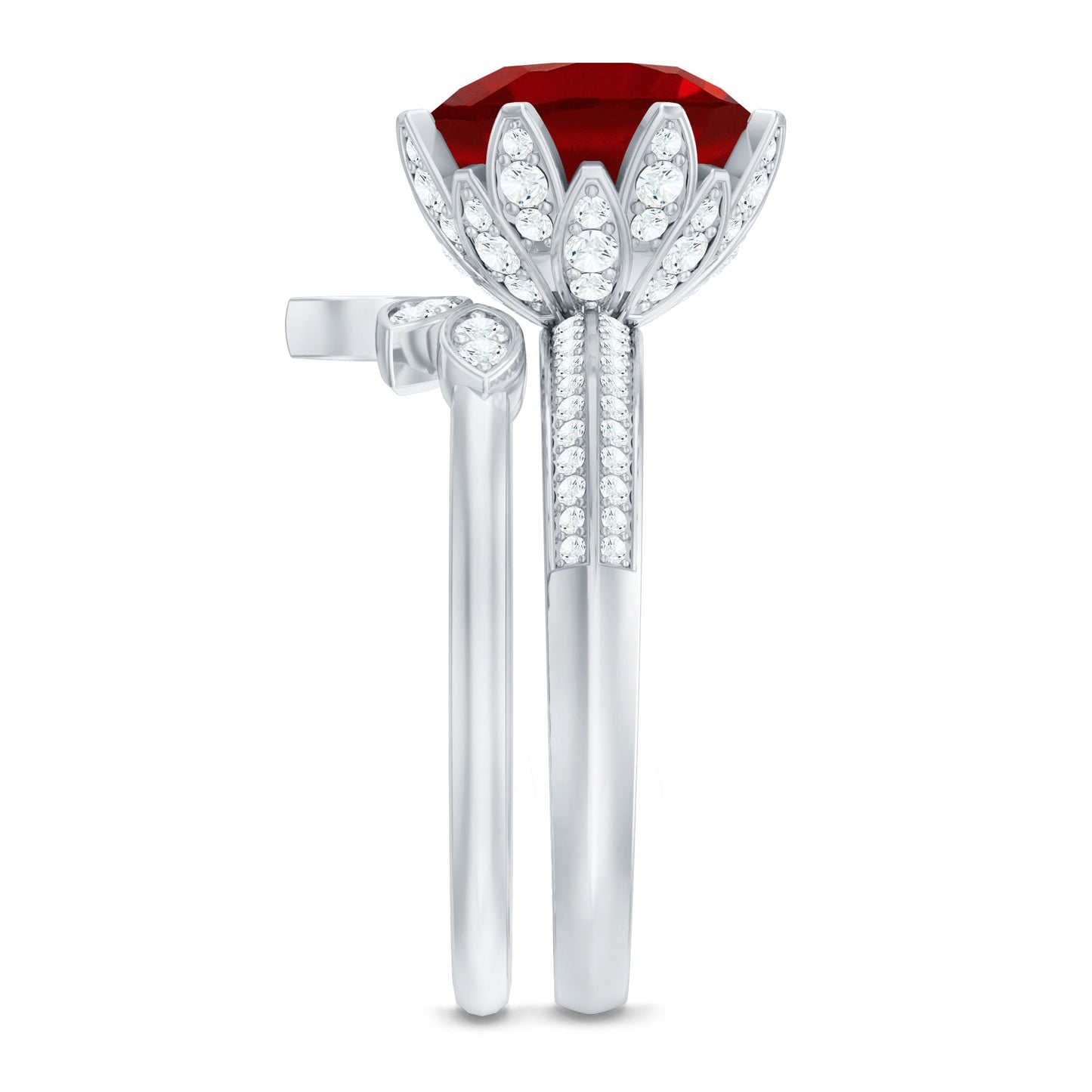 Lab Grown Ruby Flower Bridal Engagement Ring Set with Moissanite