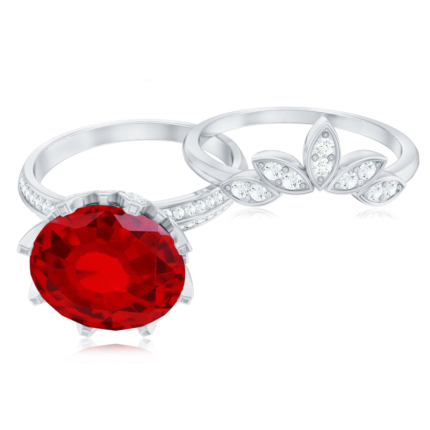 Lab Grown Ruby Flower Bridal Engagement Ring Set with Moissanite