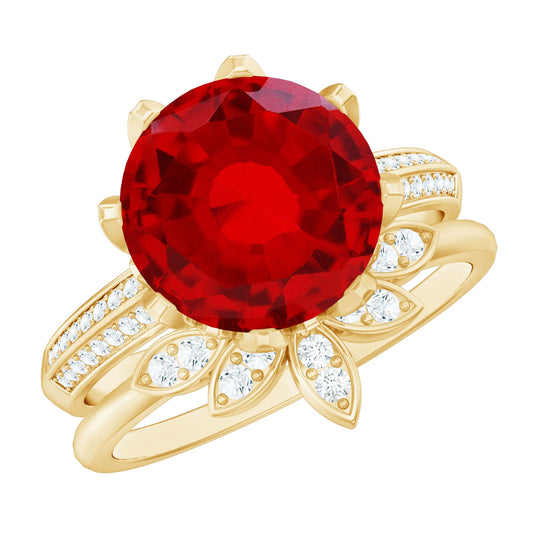 Lab Grown Ruby Flower Bridal Engagement Ring Set with Moissanite