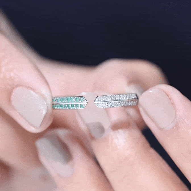 Contemporary Emerald and Moissanite Open Wedding Band Ring