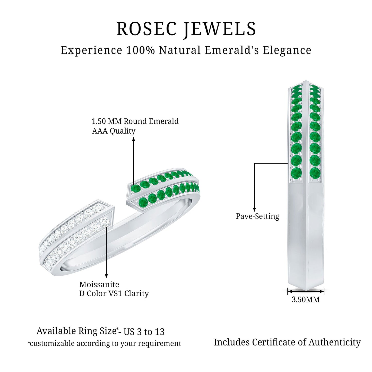Contemporary Emerald and Moissanite Open Wedding Band Ring