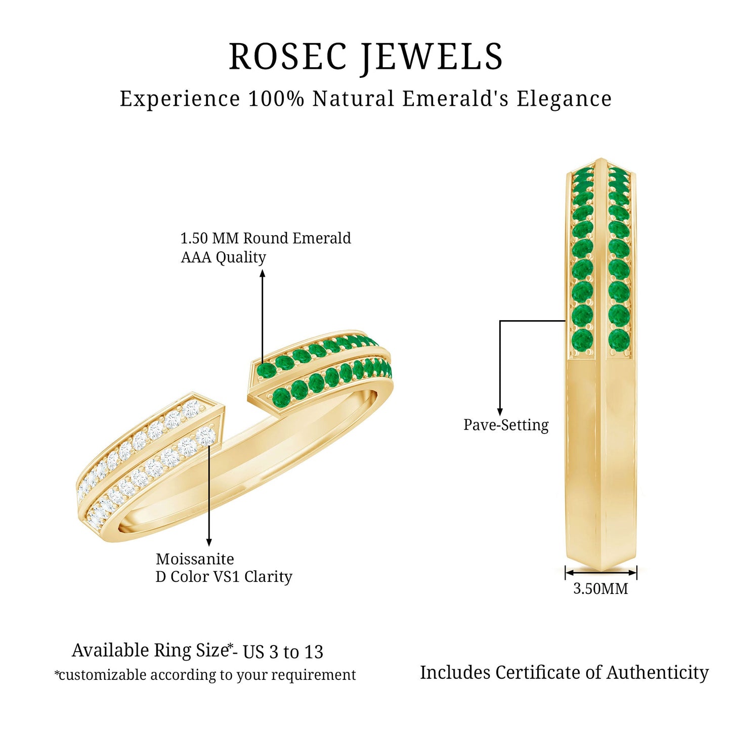 Contemporary Emerald and Moissanite Open Wedding Band Ring