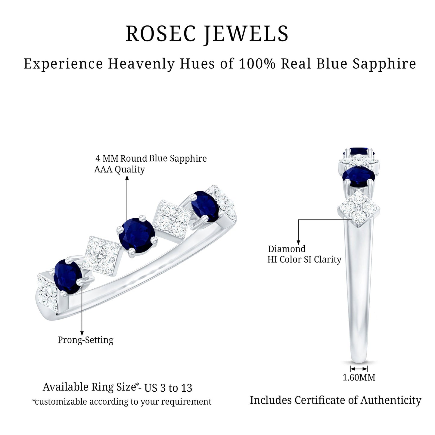 Natural Blue Sapphire and Diamond Half Eternity Band Ring