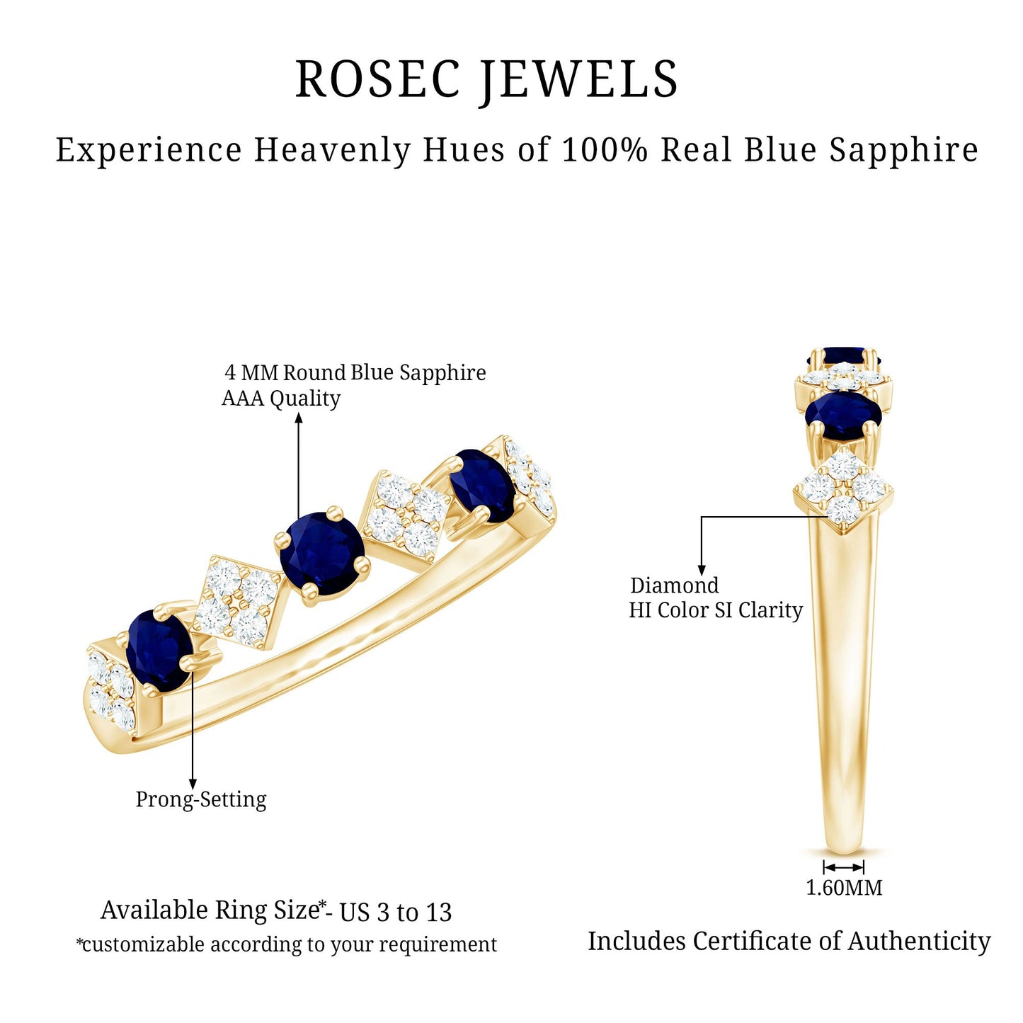 Natural Blue Sapphire and Diamond Half Eternity Band Ring
