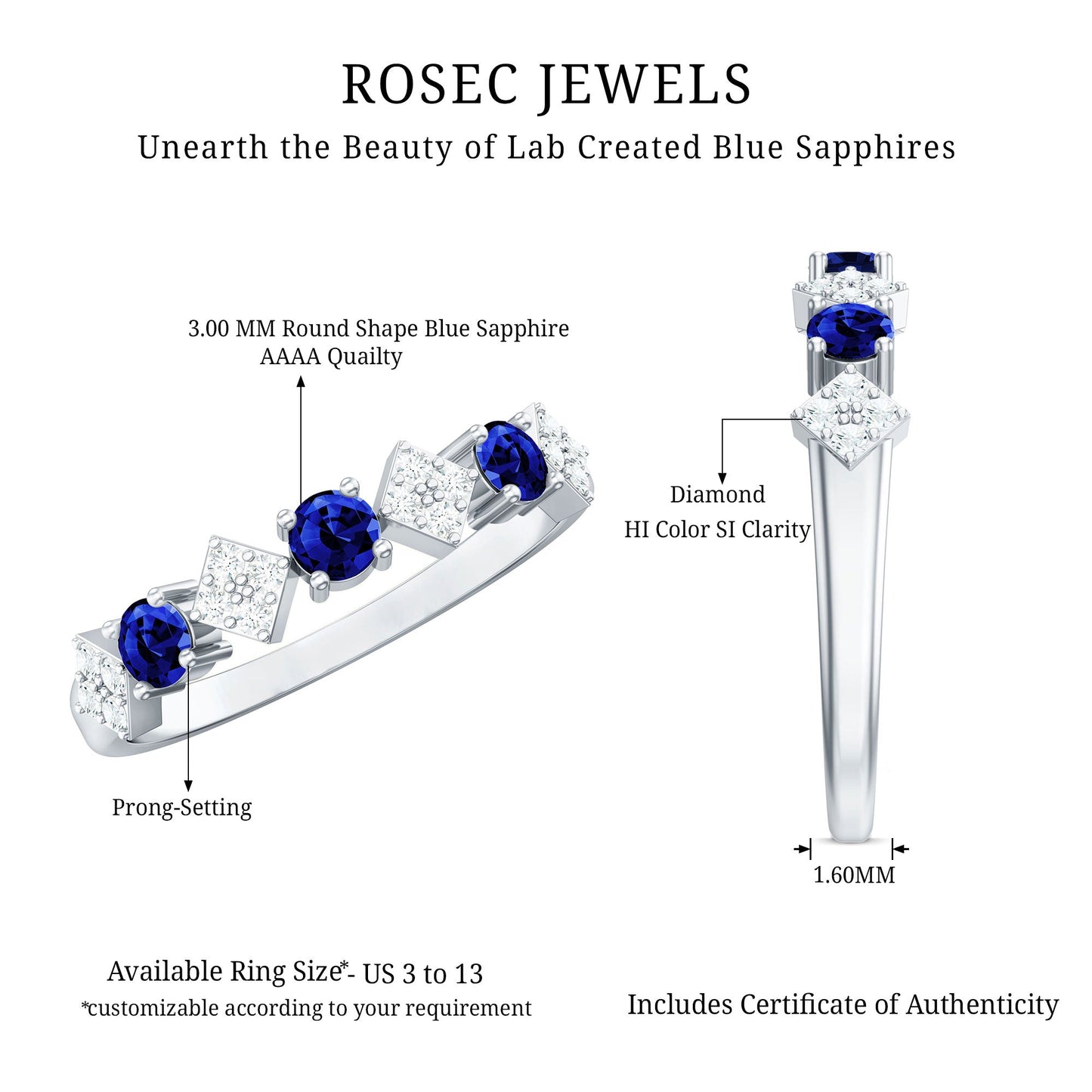 Certified Lab Grown Blue Sapphire Diamond Half Eternity Ring for Women