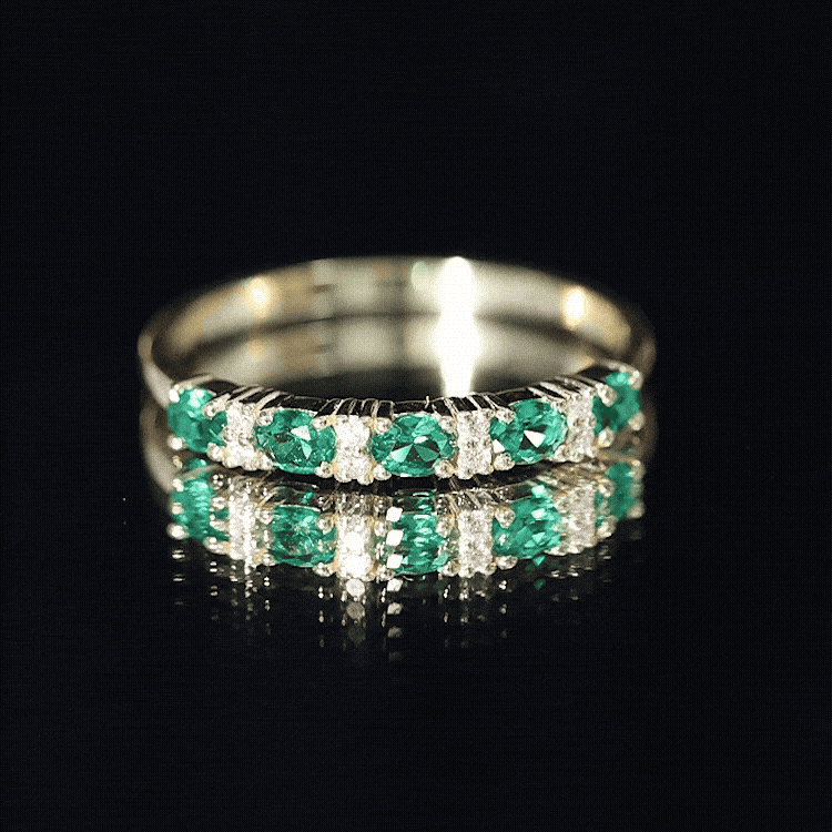 Oval Created Emerald East West Half Eternity Ring with Diamond