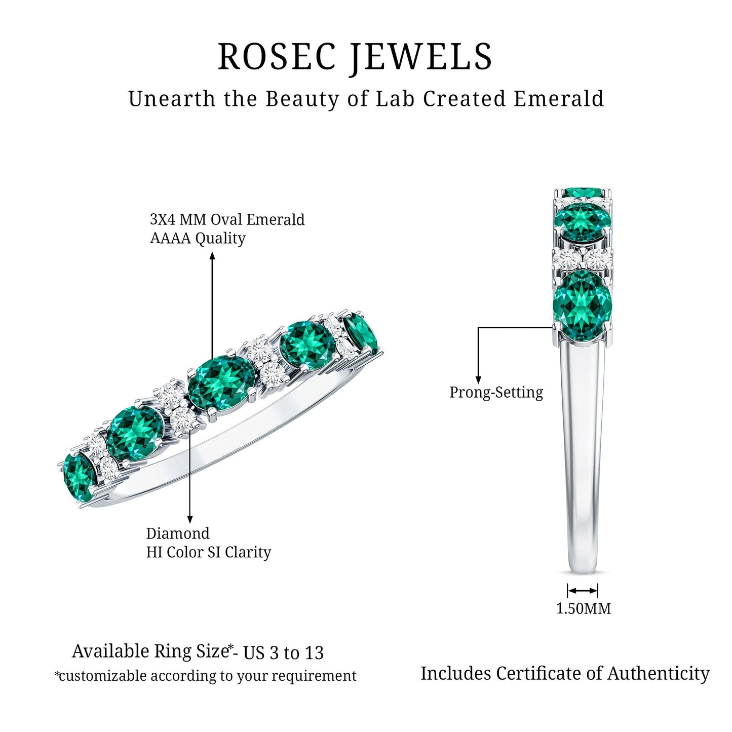 Oval Created Emerald East West Half Eternity Ring with Diamond