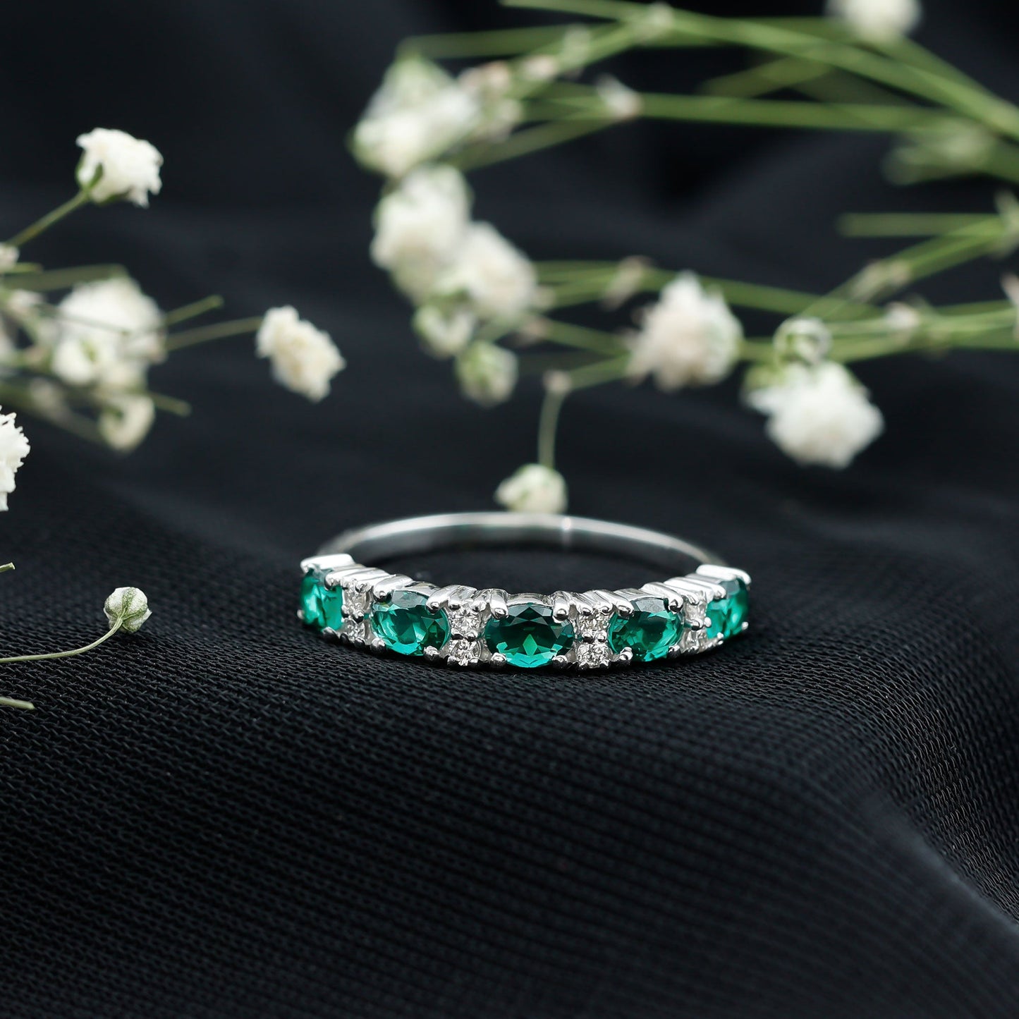Oval Created Emerald East West Half Eternity Ring with Diamond
