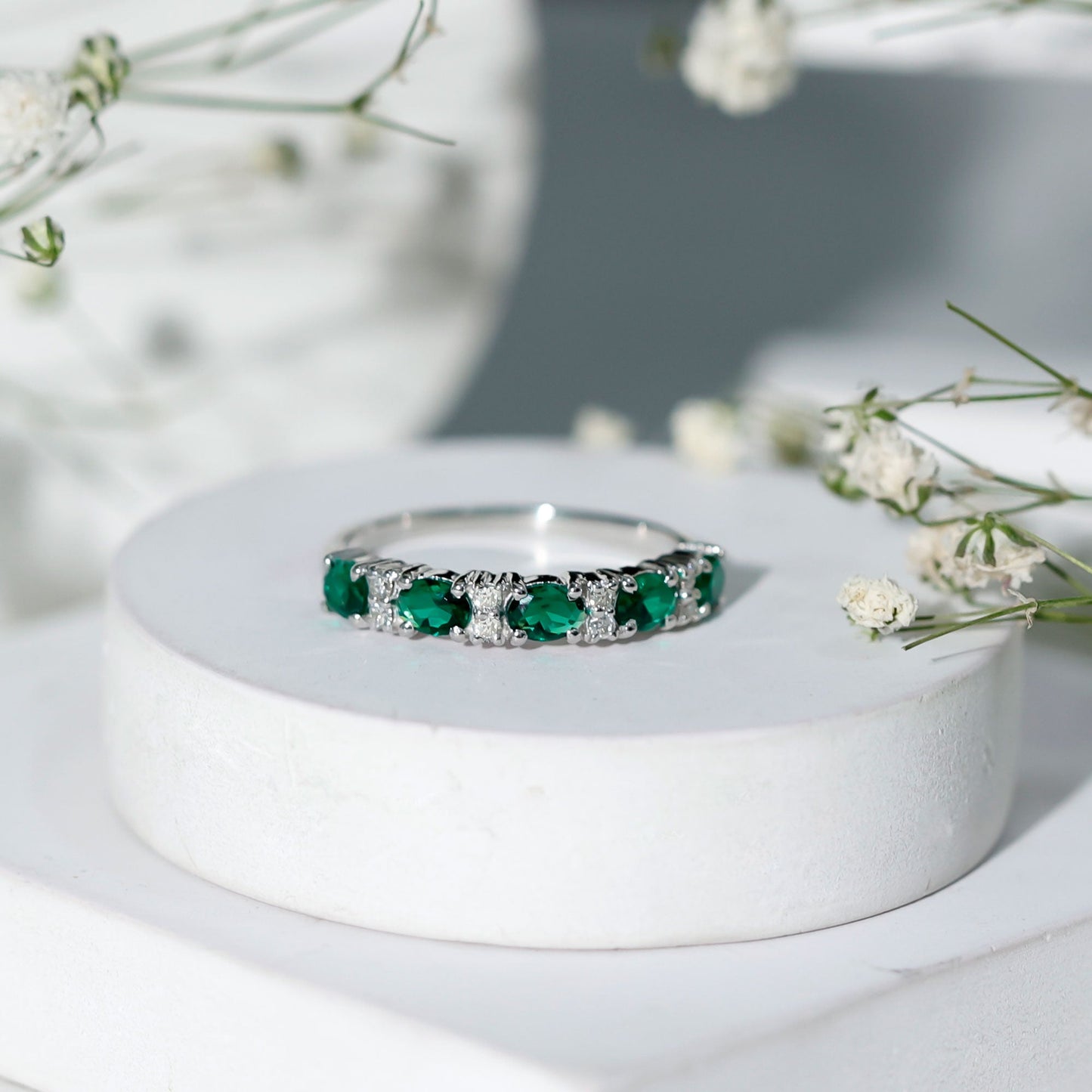 Oval Created Emerald East West Half Eternity Ring with Diamond