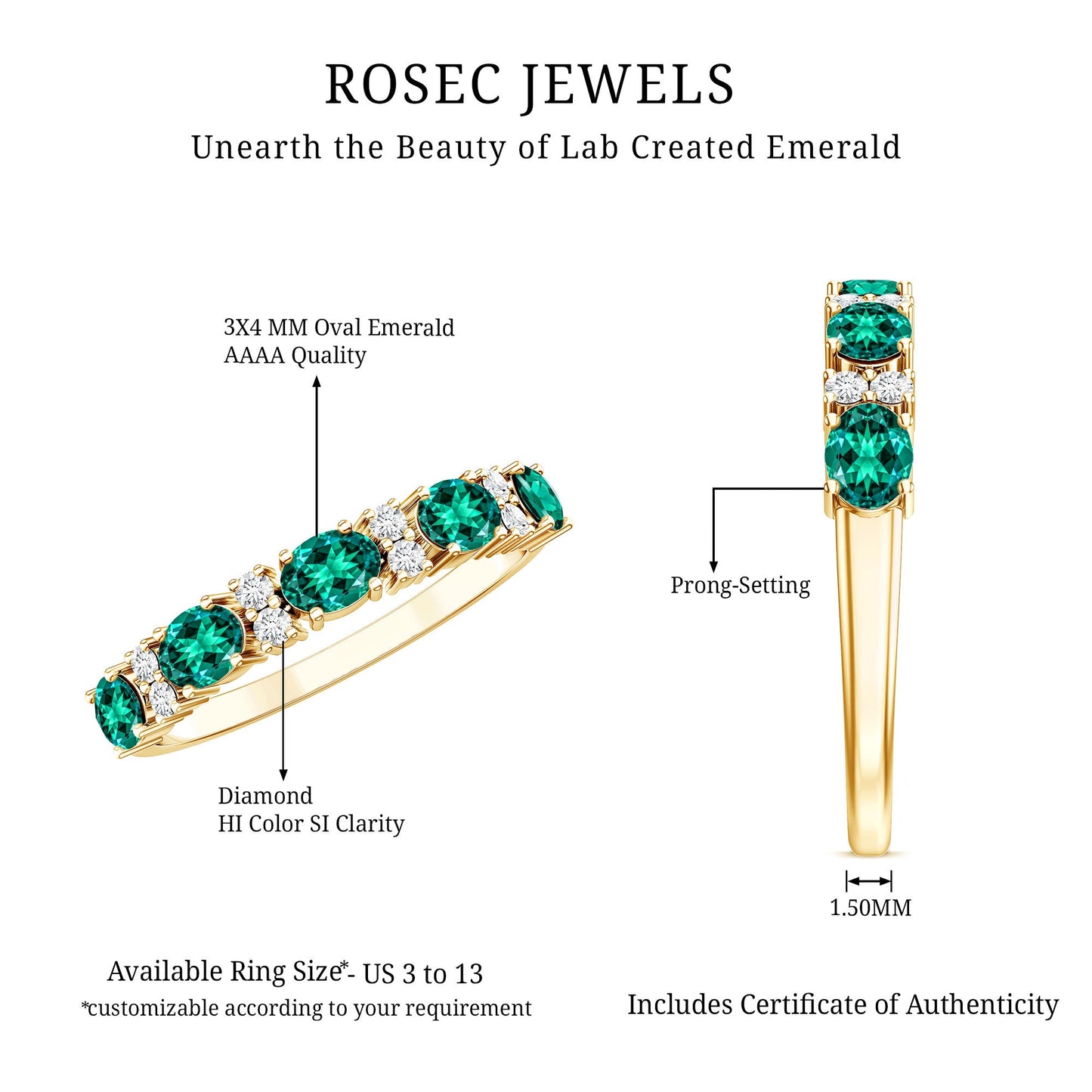 Oval Created Emerald East West Half Eternity Ring with Diamond