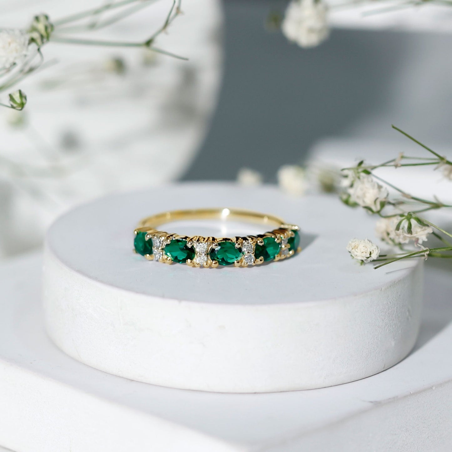 Oval Created Emerald East West Half Eternity Ring with Diamond