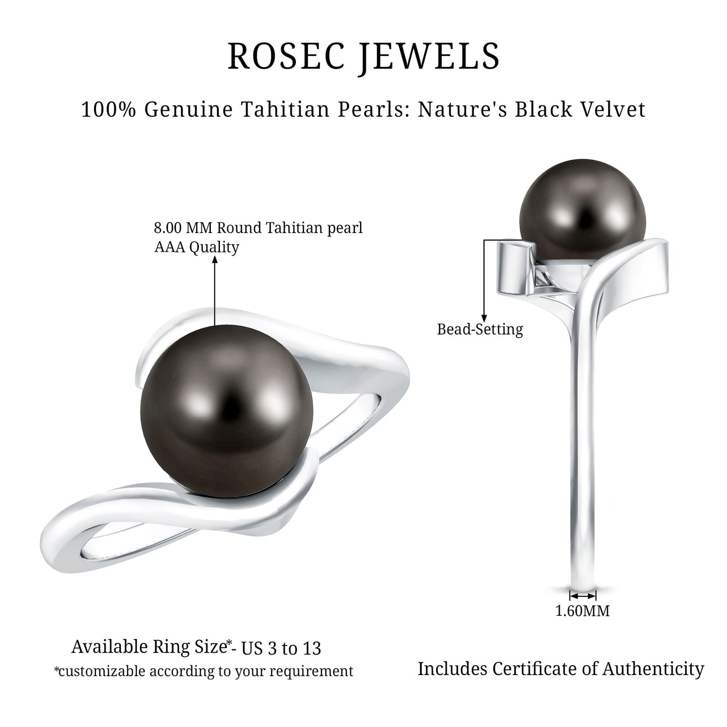 8 Carat Certified Tahitian Black Pearl Solitaire Bypass Ring