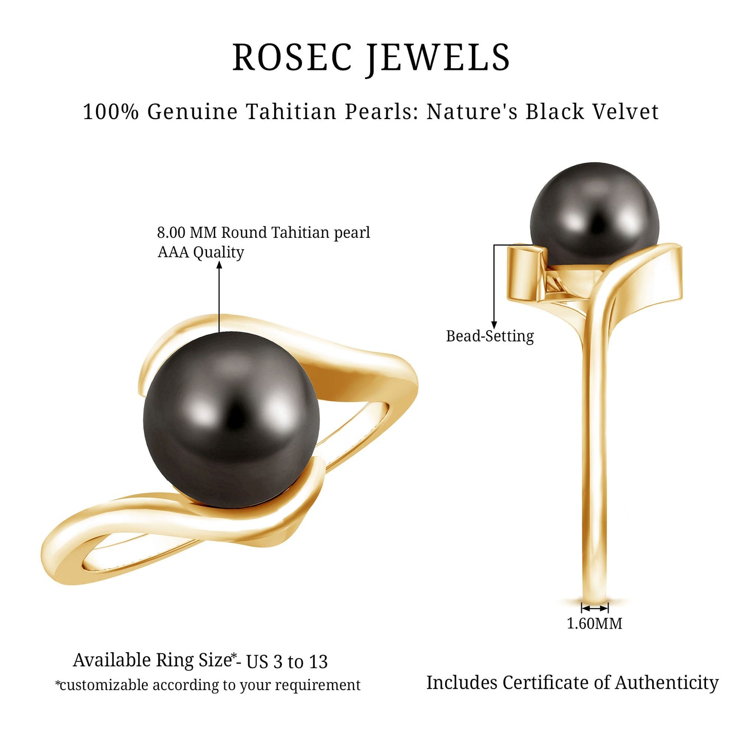 8 Carat Certified Tahitian Black Pearl Solitaire Bypass Ring