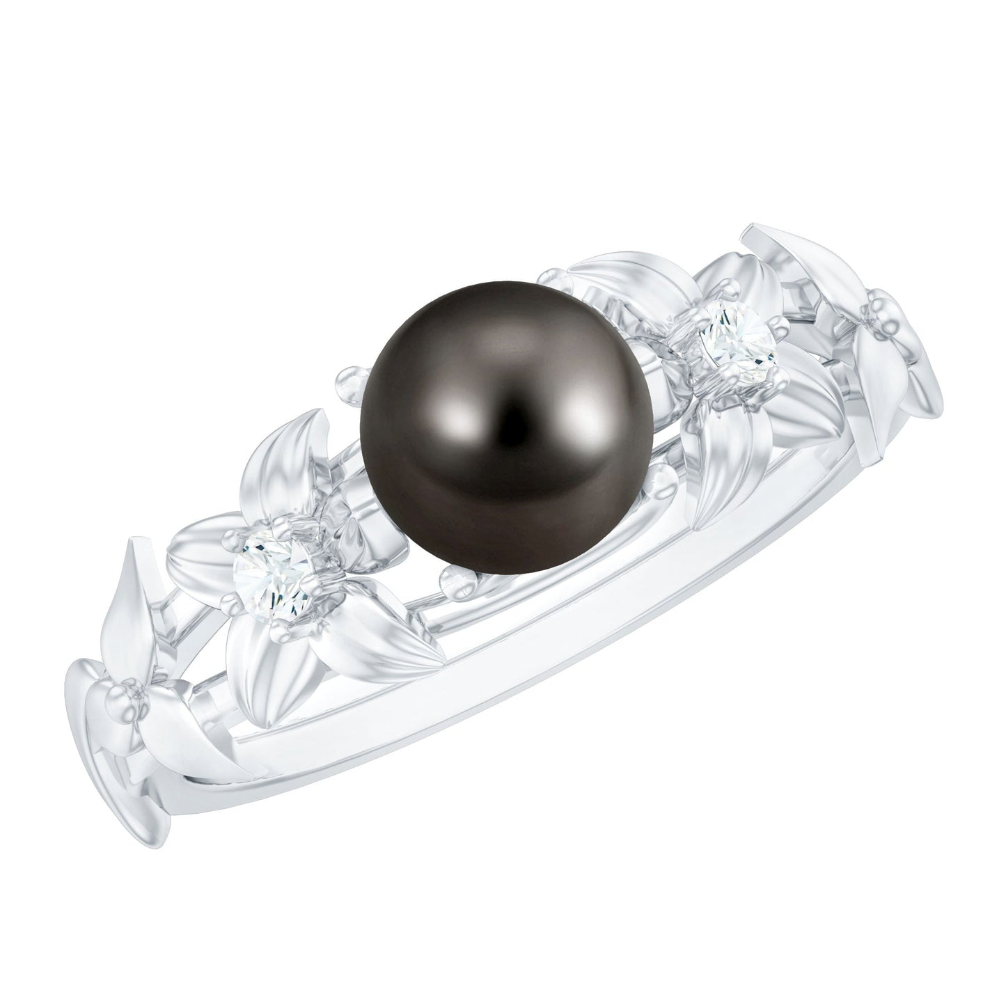 Genuine 8 Carat Tahitian Black Pearl Flower Engagement Ring with Diamond