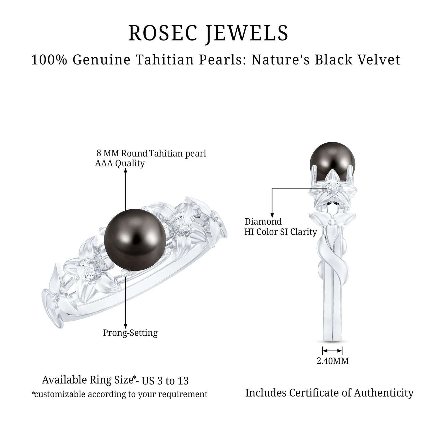 Genuine 8 Carat Tahitian Black Pearl Flower Engagement Ring with Diamond
