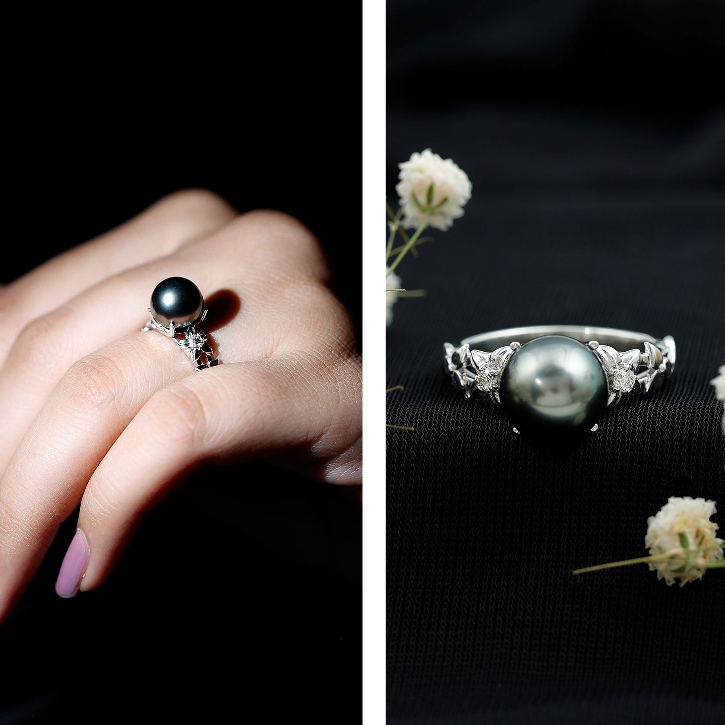 Genuine 8 Carat Tahitian Black Pearl Flower Engagement Ring with Diamond