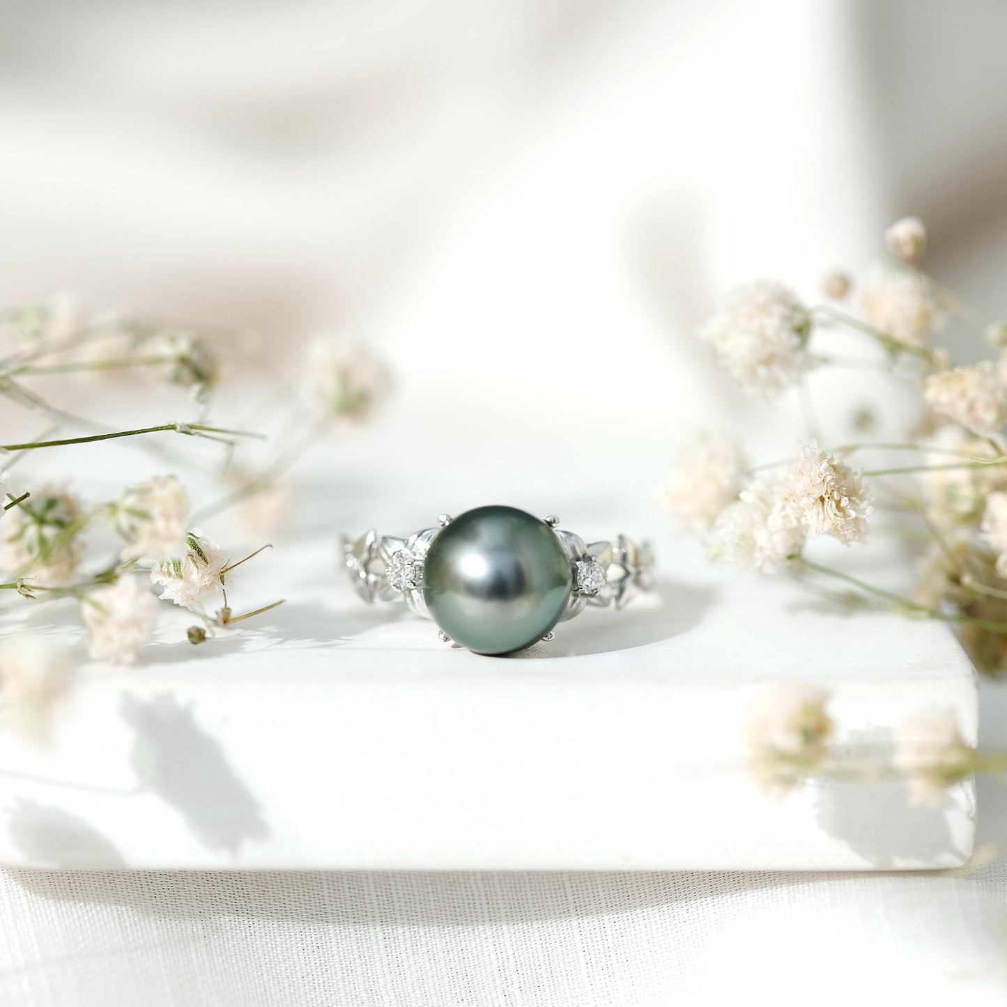 Genuine 8 Carat Tahitian Black Pearl Flower Engagement Ring with Diamond