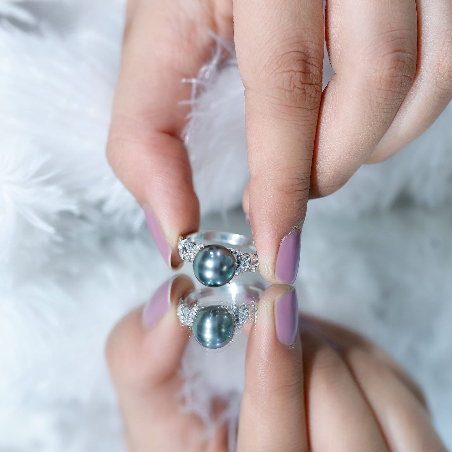 Genuine 8 Carat Tahitian Black Pearl Flower Engagement Ring with Diamond