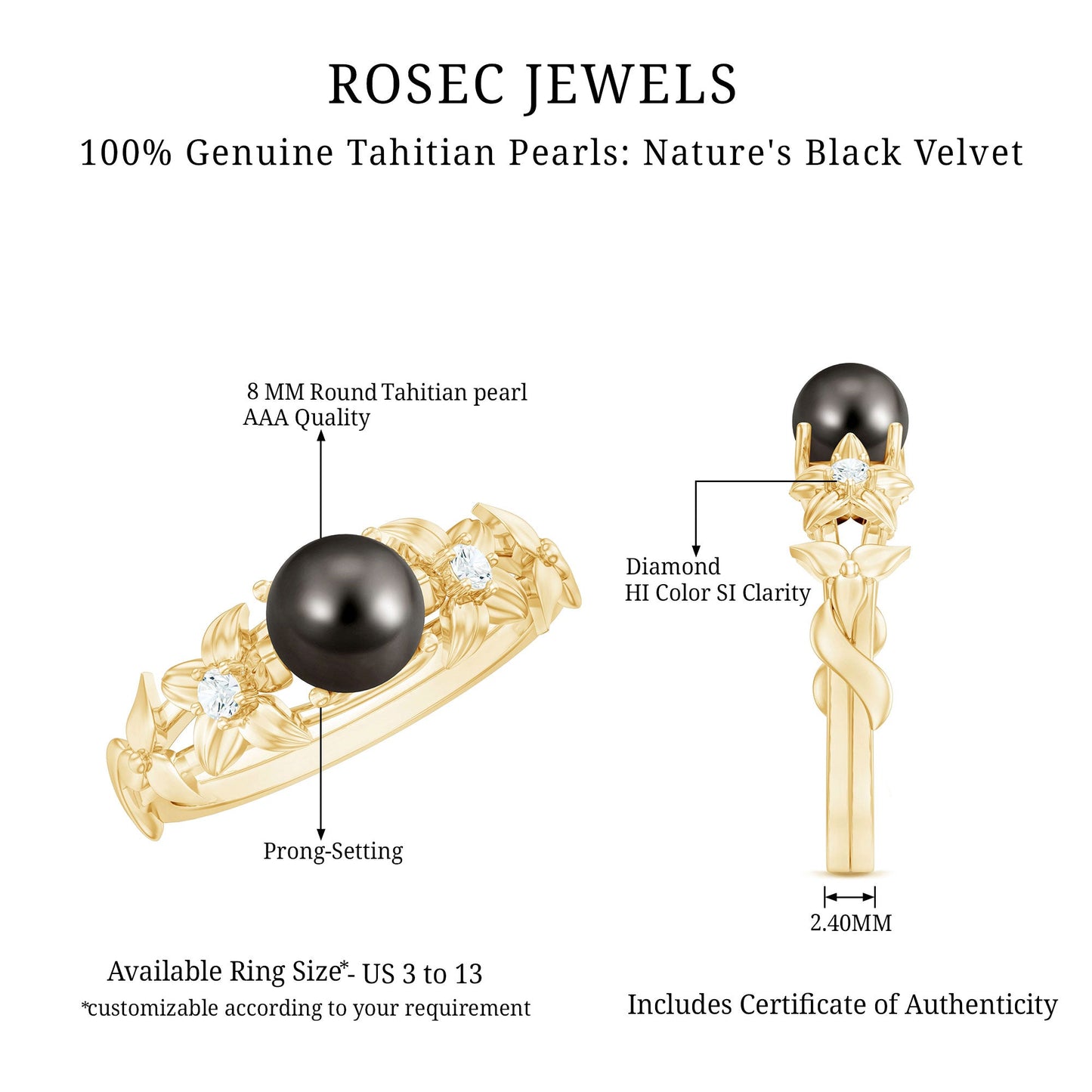 Genuine 8 Carat Tahitian Black Pearl Flower Engagement Ring with Diamond