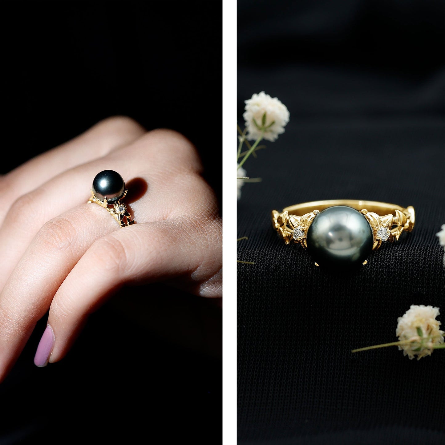 Genuine 8 Carat Tahitian Black Pearl Flower Engagement Ring with Diamond