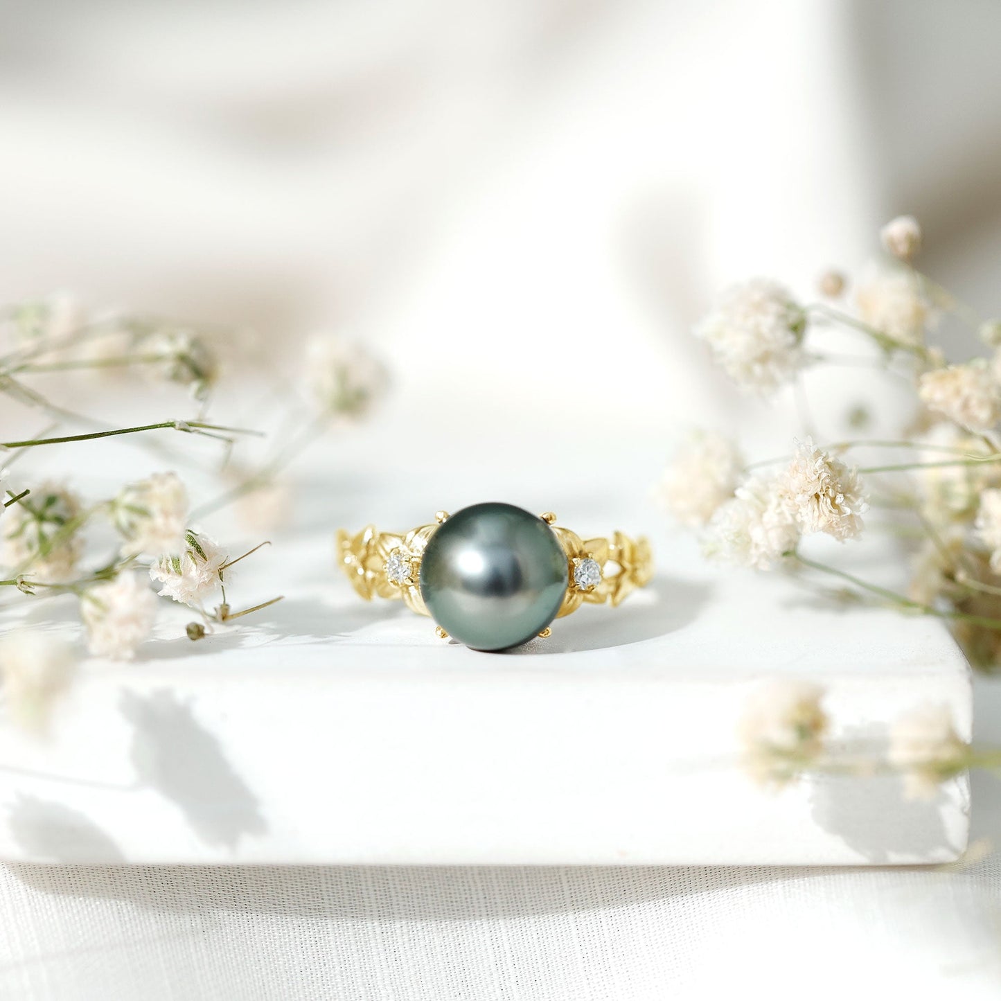 Genuine 8 Carat Tahitian Black Pearl Flower Engagement Ring with Diamond