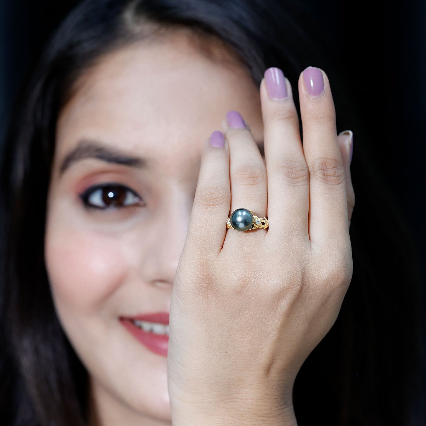 Genuine 8 Carat Tahitian Black Pearl Flower Engagement Ring with Diamond