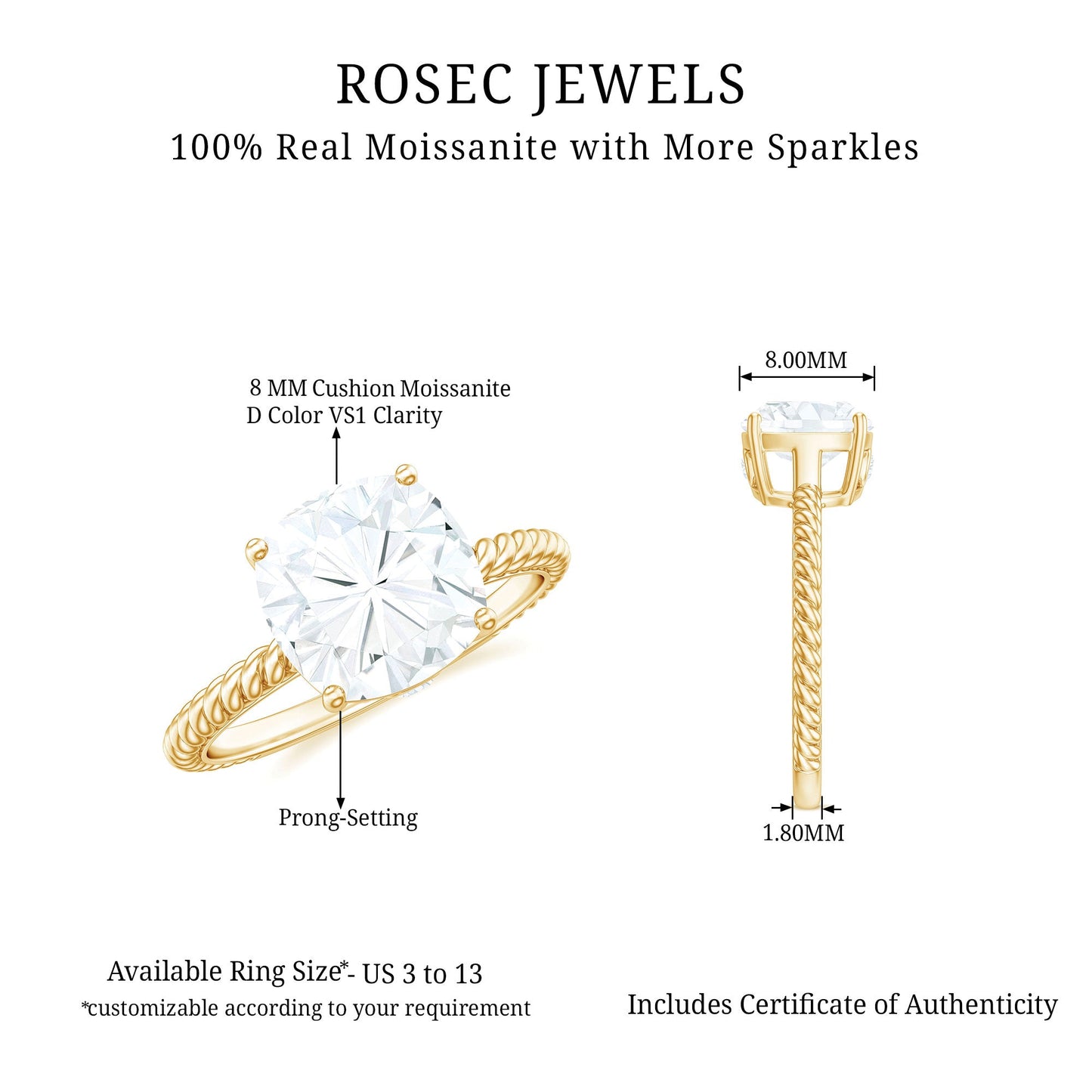 Cushion Cut Moissanite Solitaire Engagement Ring with Twisted Rope