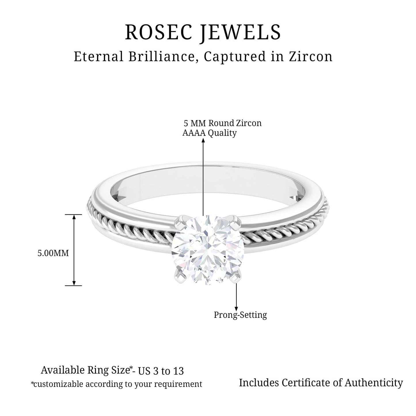 Cubic Zirconia Solitaire Twisted Rope Ring in Square Prong Setting