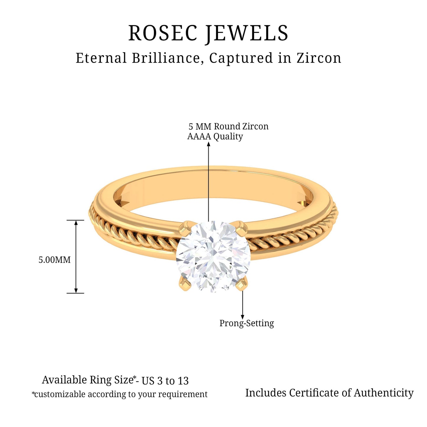 Cubic Zirconia Solitaire Twisted Rope Ring in Square Prong Setting