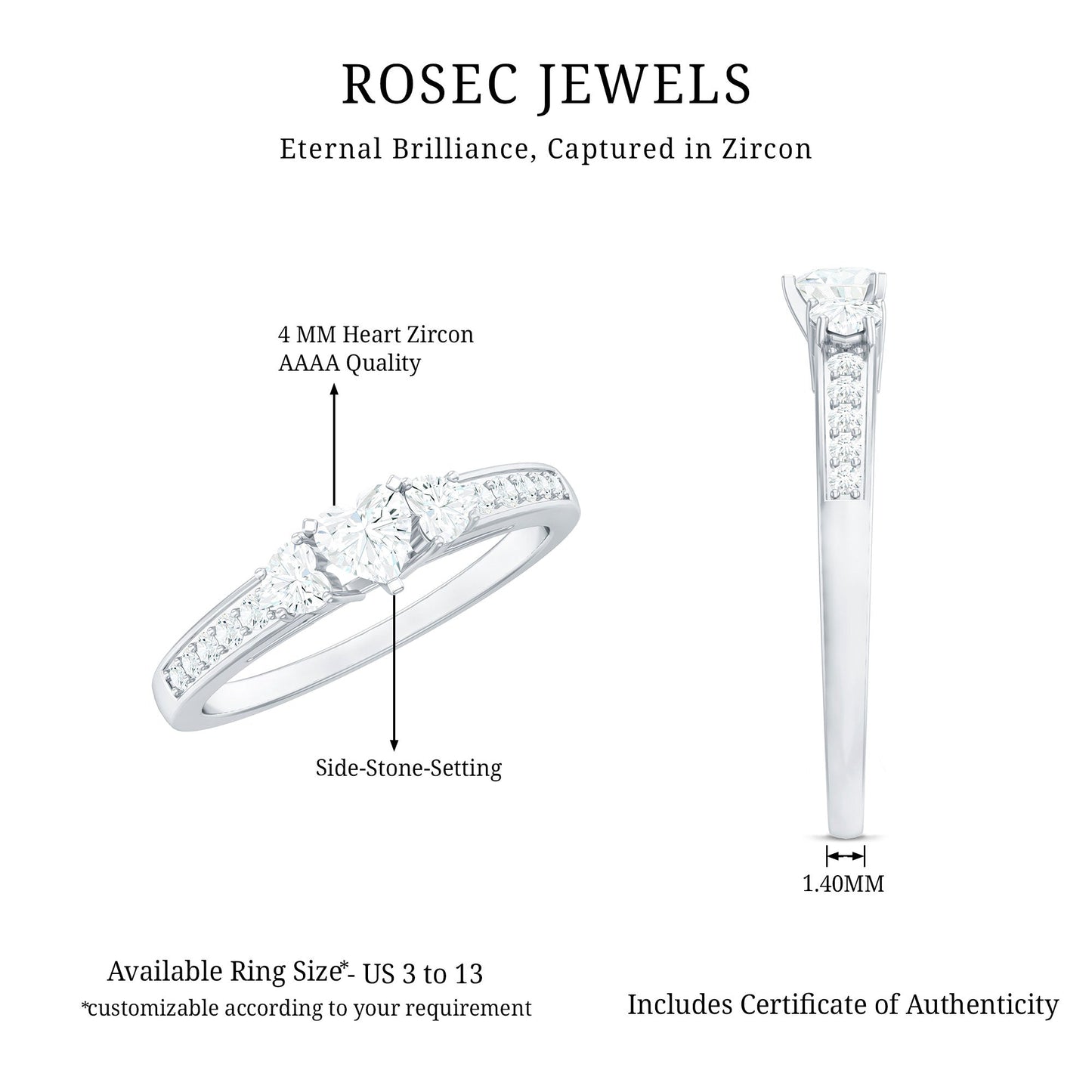 Heart Shape Zircon Anniversary Ring with Side Stones