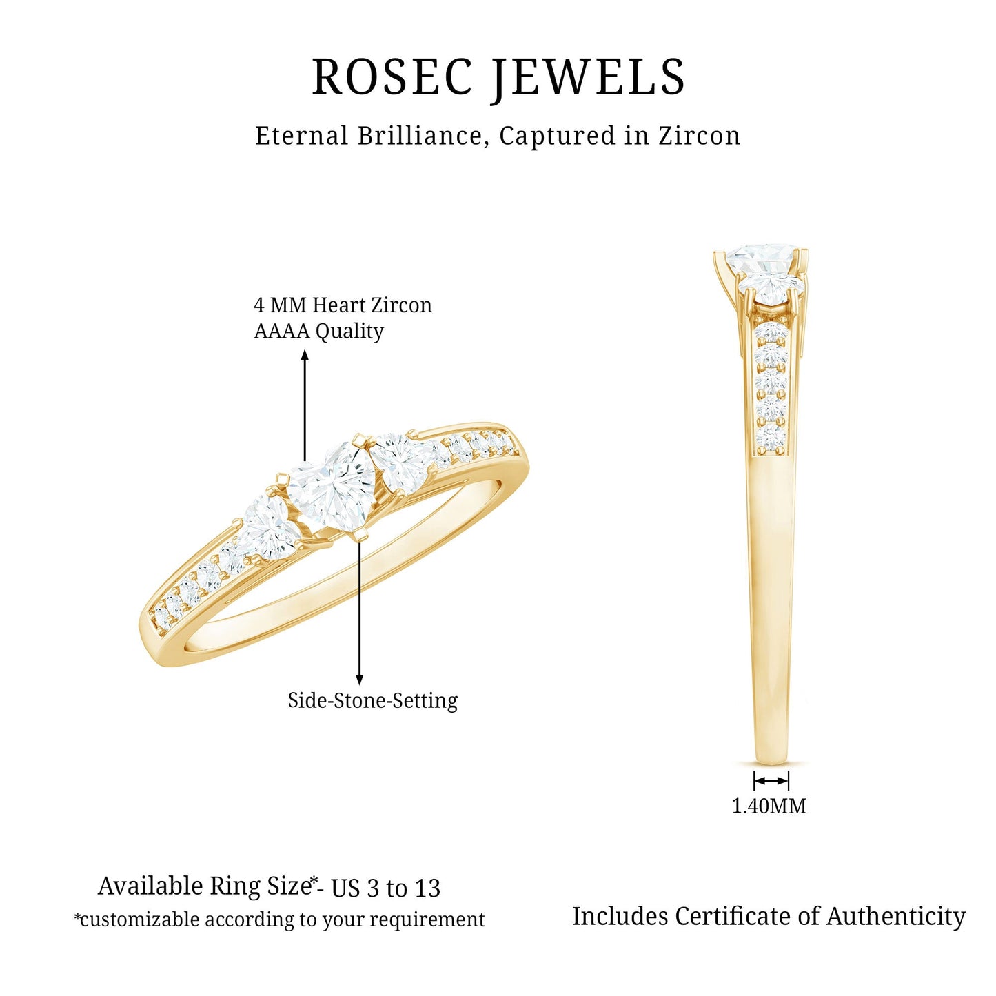 Heart Shape Zircon Anniversary Ring with Side Stones