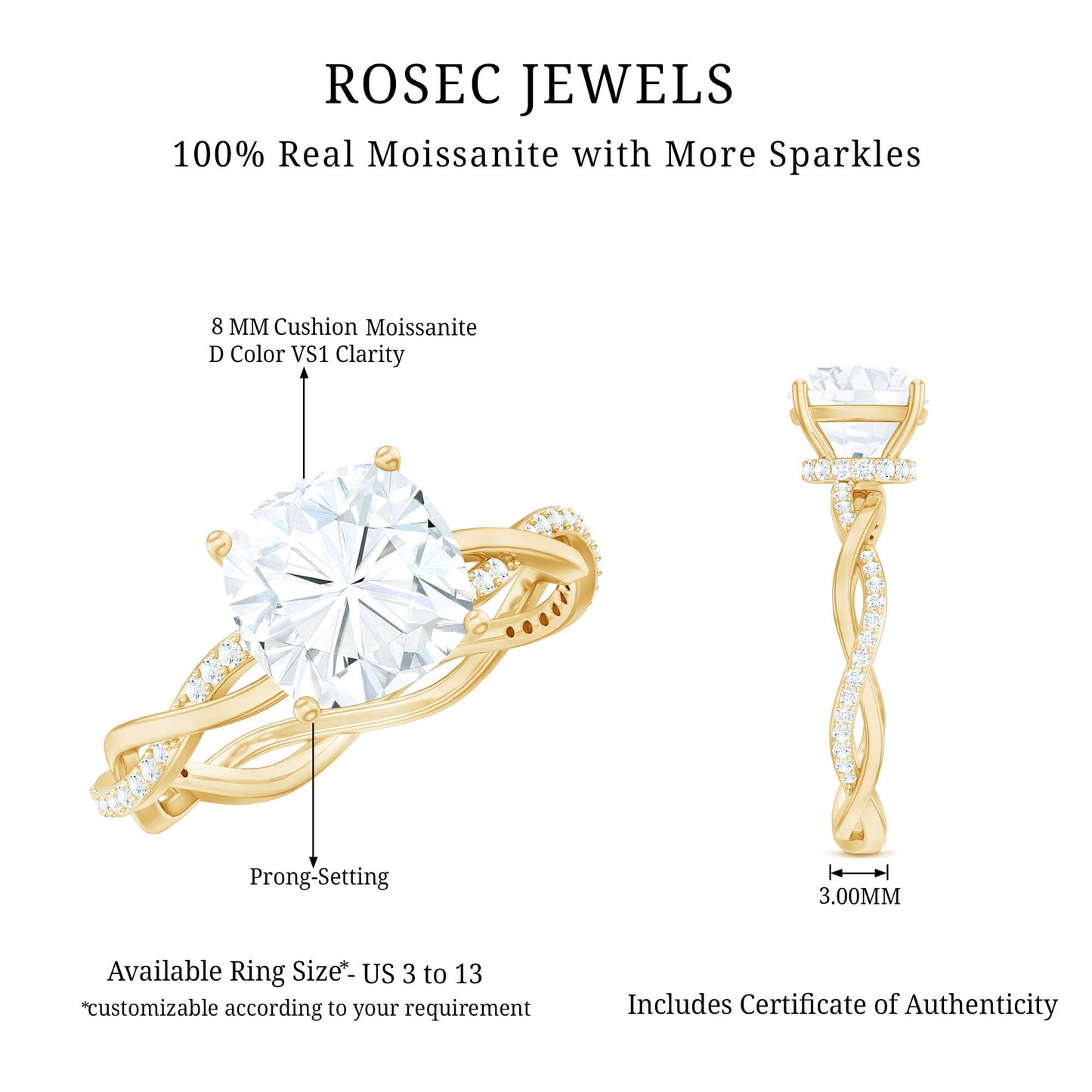 8 MM Moissanite Cushion Cut Hidden Halo Engagement Rings