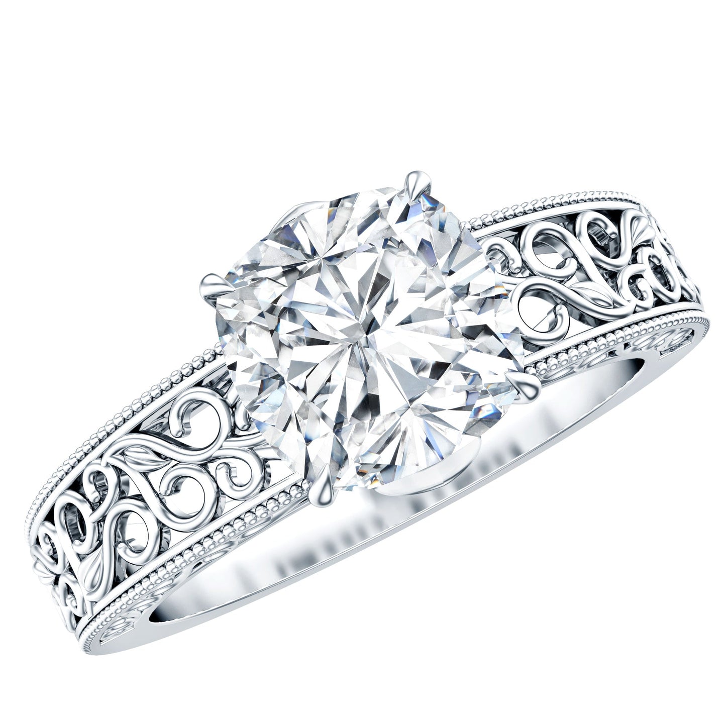 8 MM Cushion Cut Moissanite Engagement Ring with Filigree Details