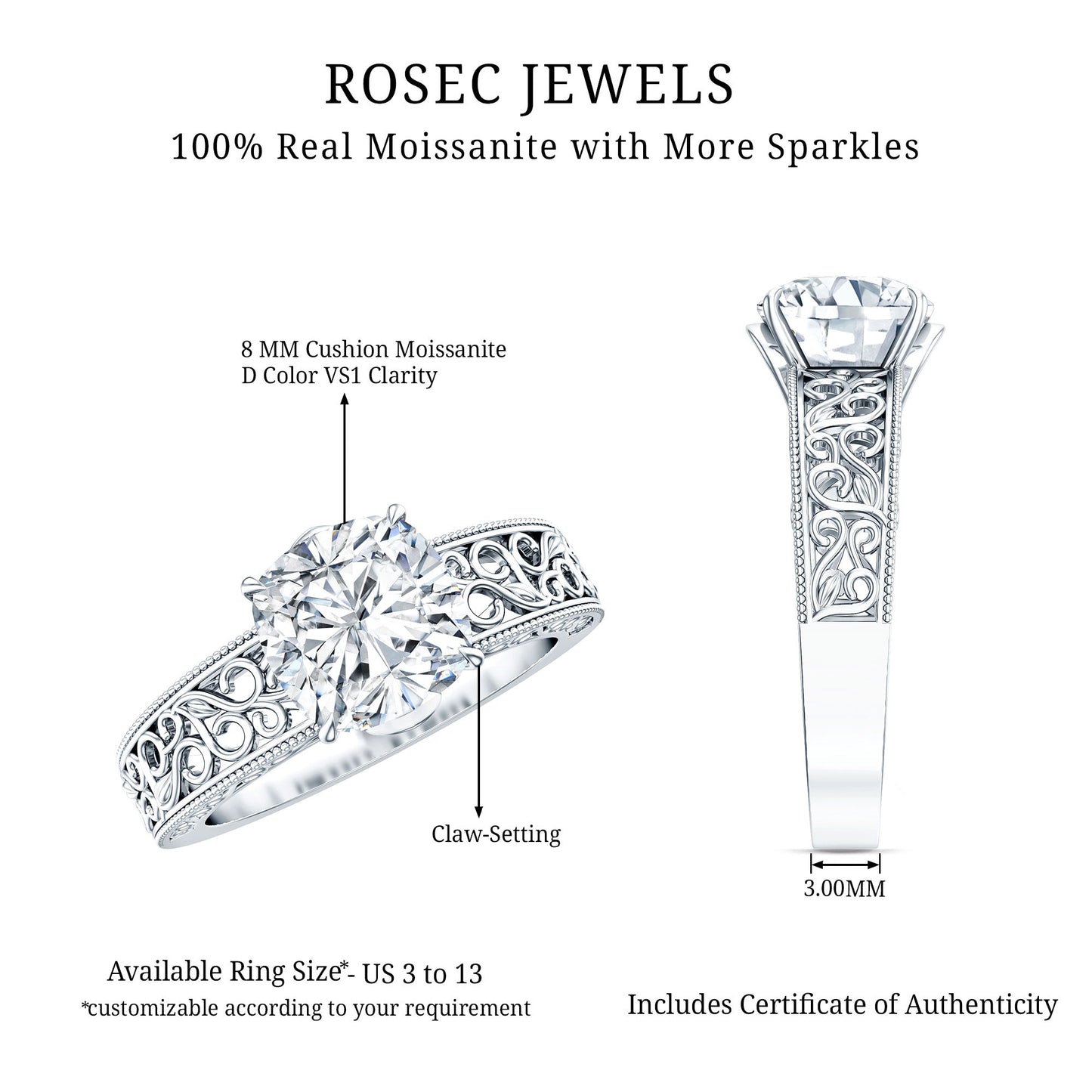8 MM Cushion Cut Moissanite Engagement Ring with Filigree Details