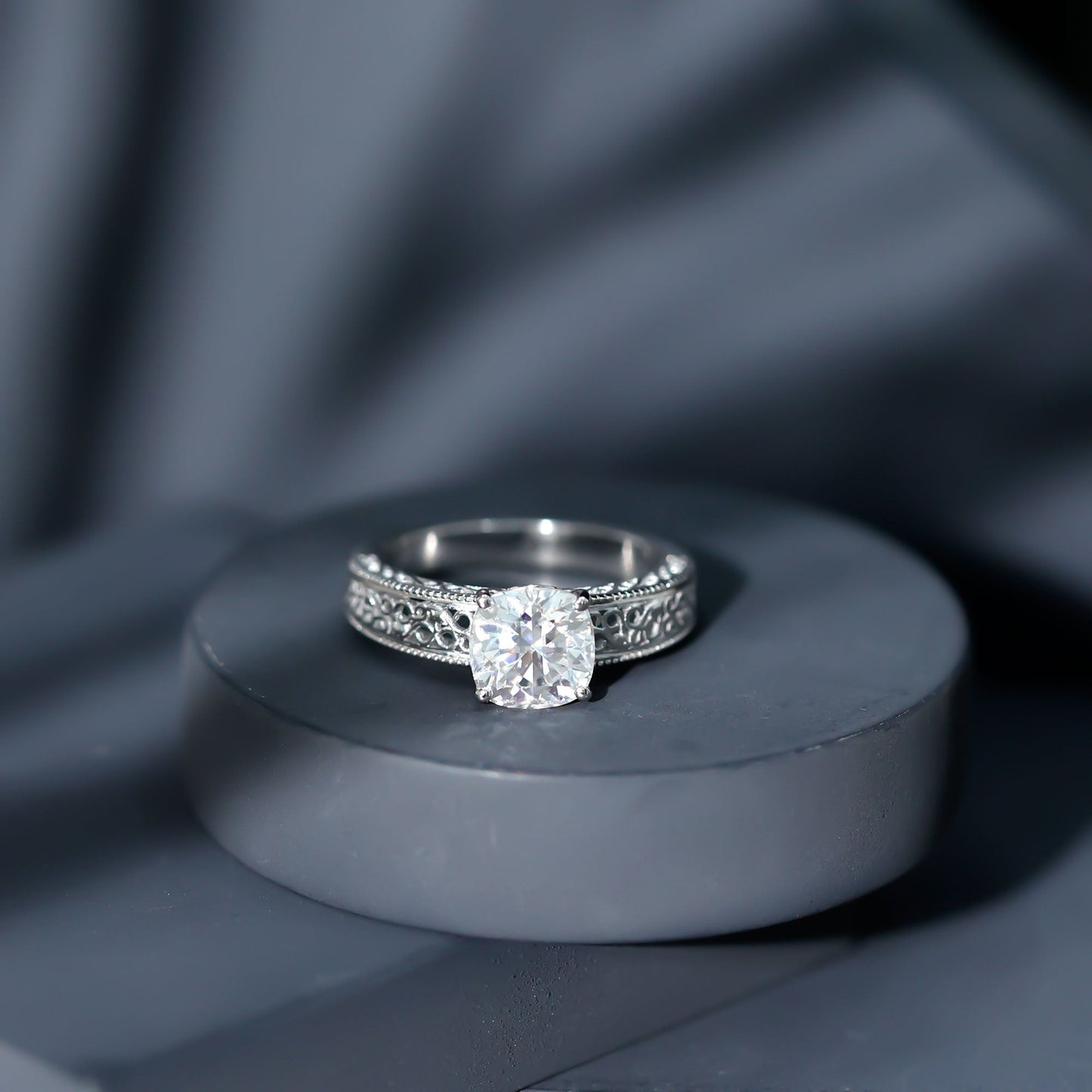 8 MM Cushion Cut Moissanite Engagement Ring with Filigree Details