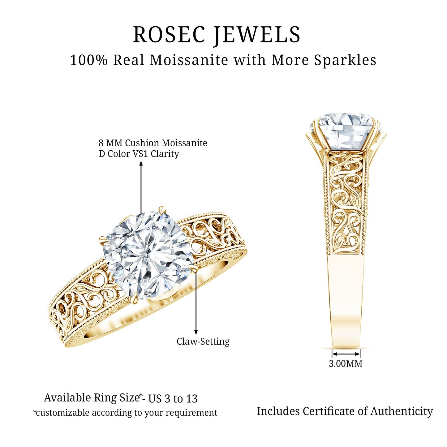 8 MM Cushion Cut Moissanite Engagement Ring with Filigree Details