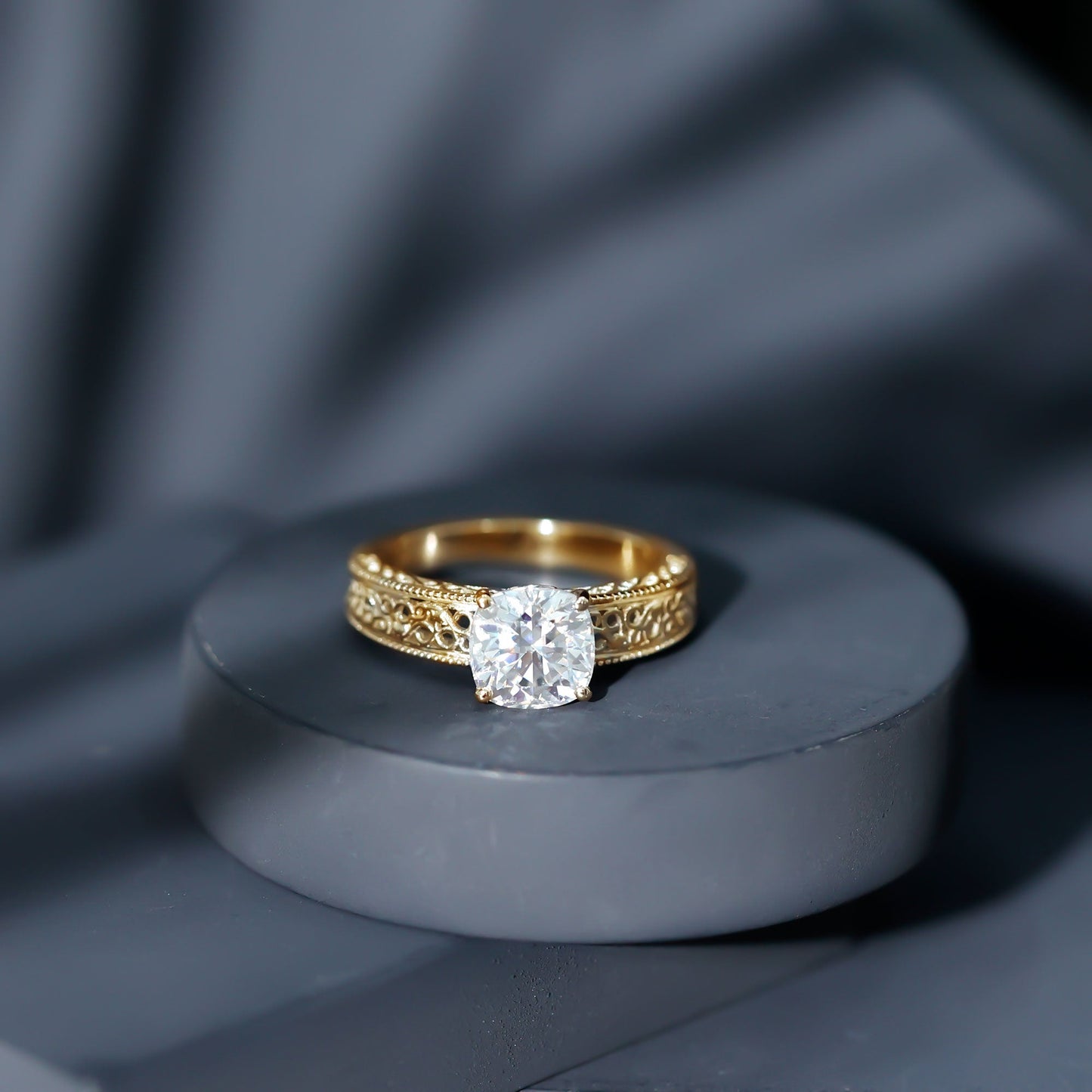 8 MM Cushion Cut Moissanite Engagement Ring with Filigree Details