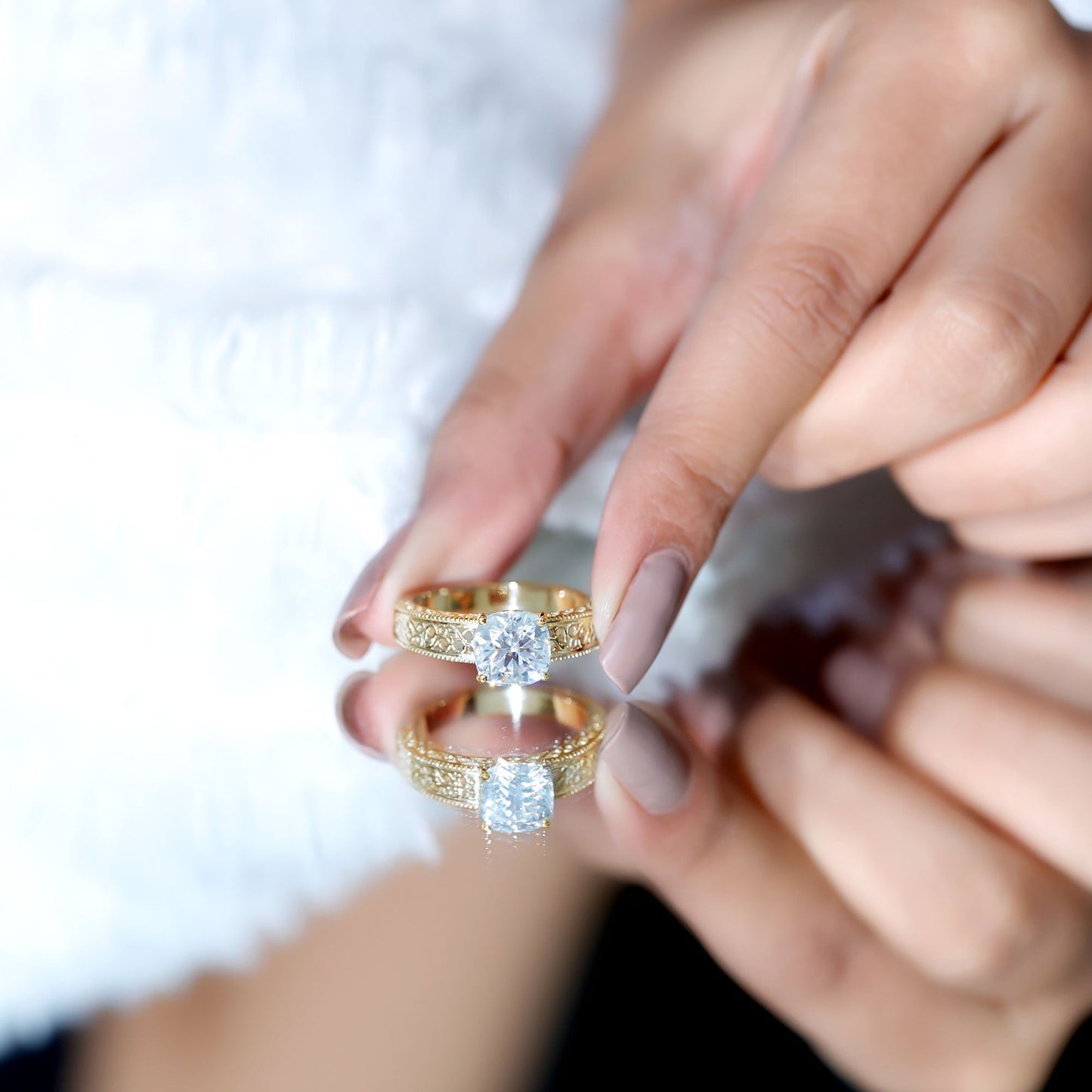 8 MM Cushion Cut Moissanite Engagement Ring with Filigree Details