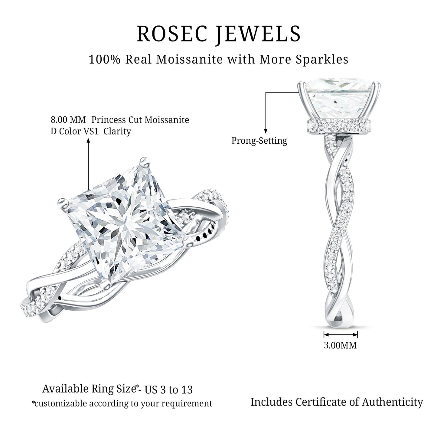 8 MM Certified Princess Cut Moissanite Engagement Ring with Hidden Halo