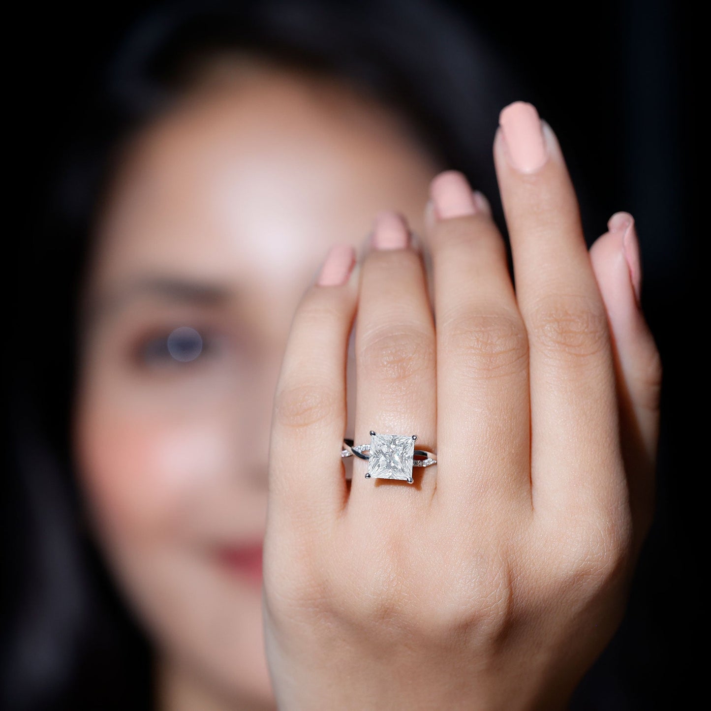 8 MM Certified Princess Cut Moissanite Engagement Ring with Hidden Halo